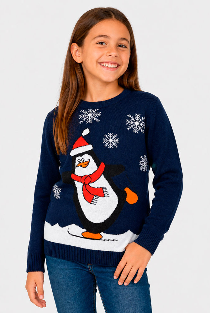Jersey de Navidad Familia Pingüino Azul Marino Niña