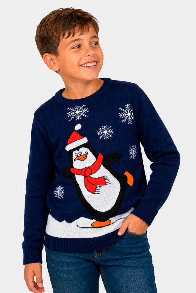 Jersey de Navidad Familia Pingüino Azul Marino Niño