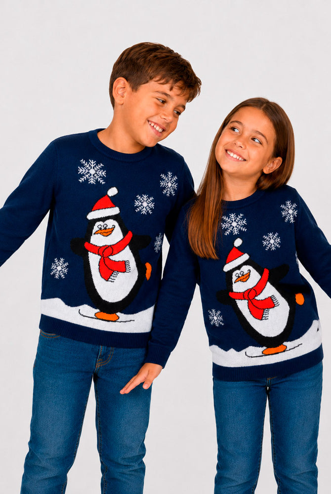 Jersey de Navidad Familia Pingüino Azul Marino Niños
