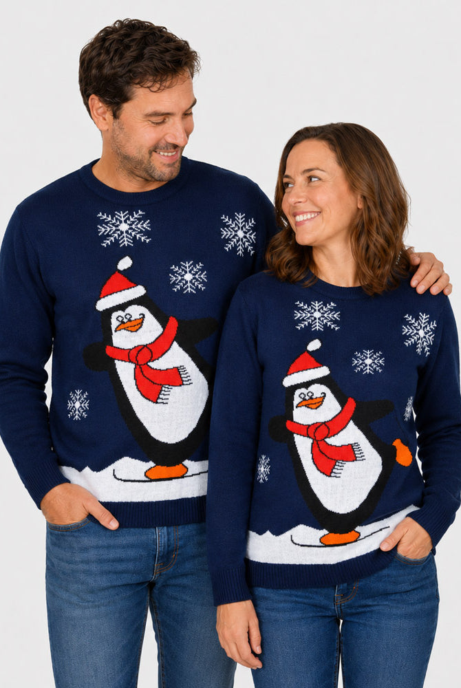 Jersey de Navidad Familia Pingüino Azul Marino pareja