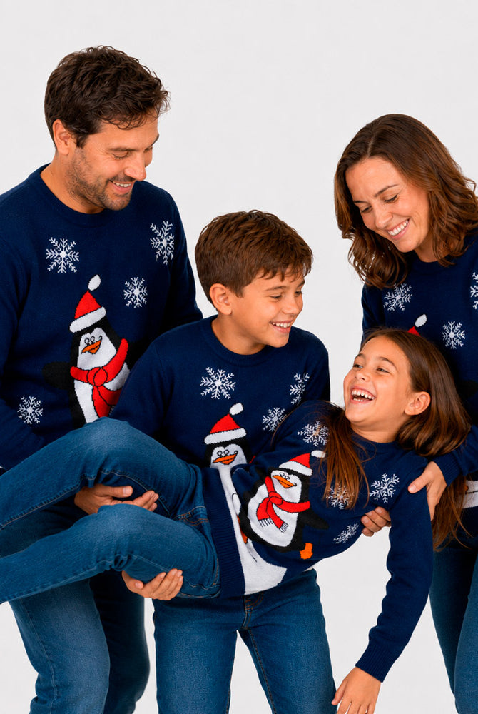 Jersey de Navidad Familia Pingüino Azul Marino