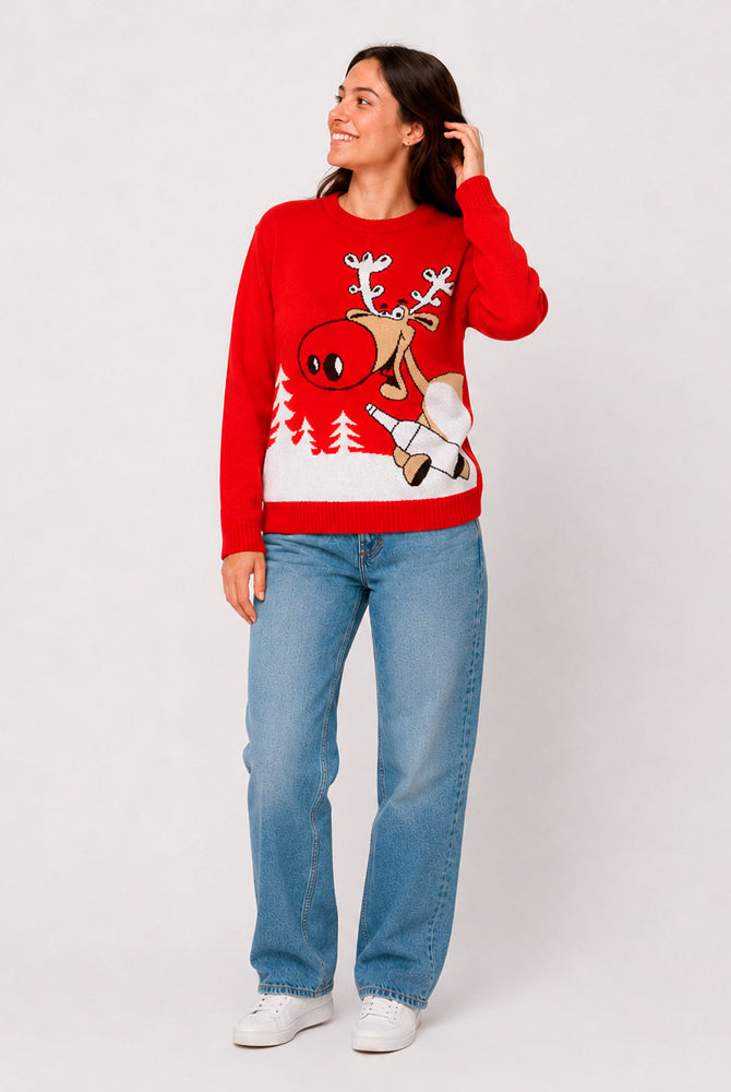 Jersey de Navidad Familia Reno con Cerveza Rojo Mujer