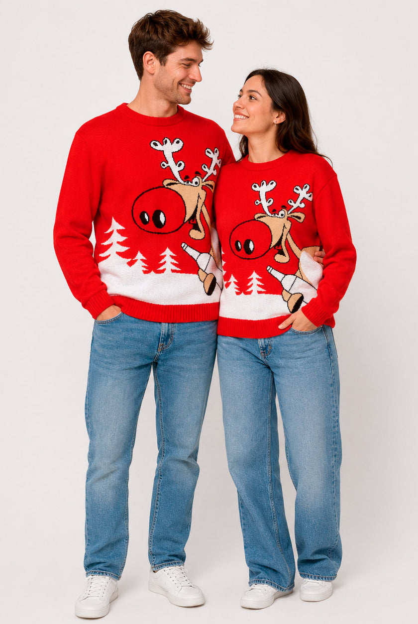 Jersey de Navidad Familia Reno con Cerveza Rojo Pareja