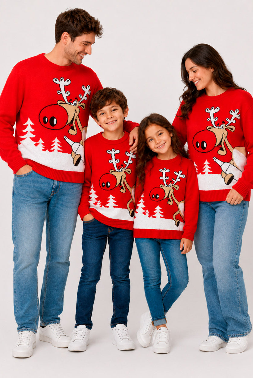 Jersey de Navidad Familia Reno con Cerveza Rojo