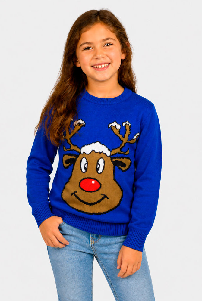 Jersey de Navidad Familia Reno Sonriente Azul Niña