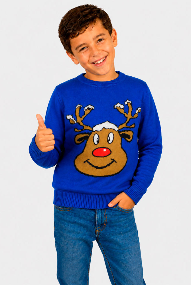 Jersey de Navidad Familia Reno Sonriente Azul Niño