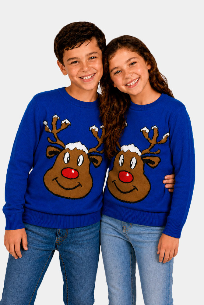 Jersey de Navidad Familia Reno Sonriente Azul Niños