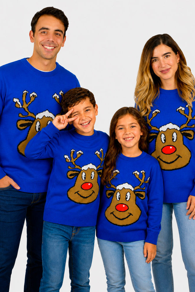 Jersey de Navidad Familia Reno Sonriente Azul