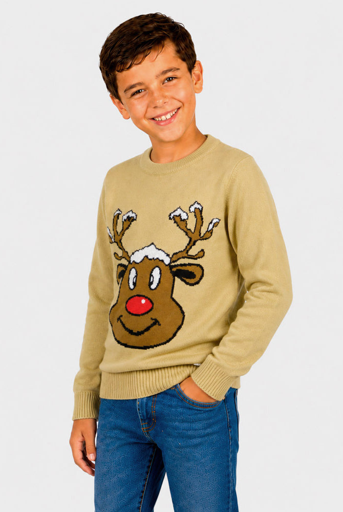 Jersey de Navidad Familia Reno Sonriente Beige Niño