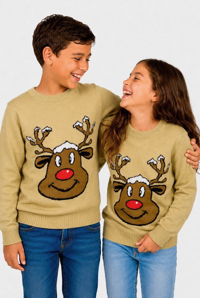 Jersey de Navidad Familia Reno Sonriente Beige Niños