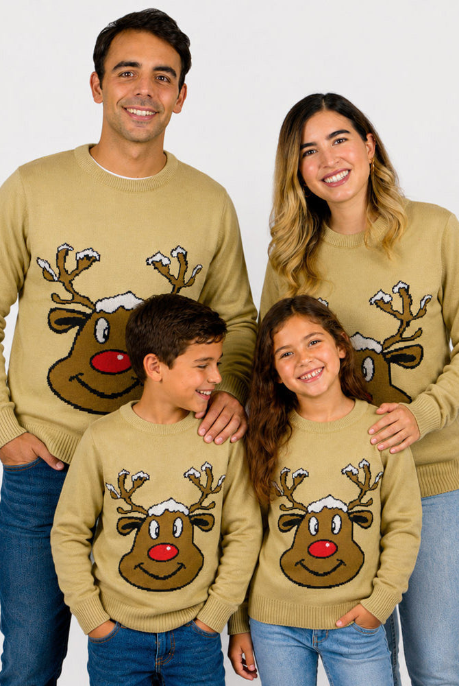 Jersey de Navidad Familia Reno Sonriente Beige