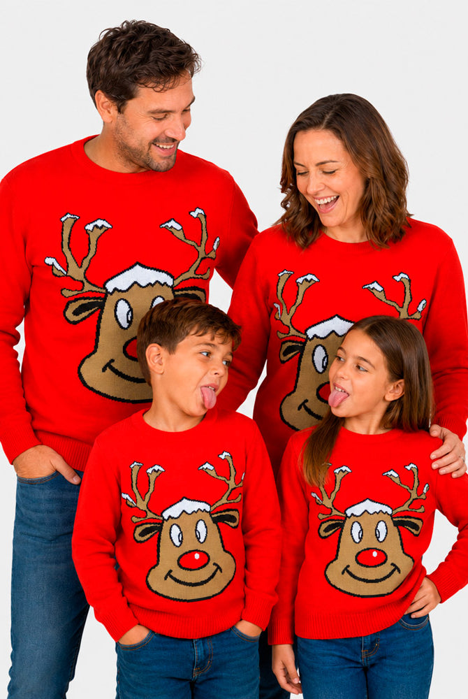 Jersey de Navidad Familia Reno Sonriente Rojo