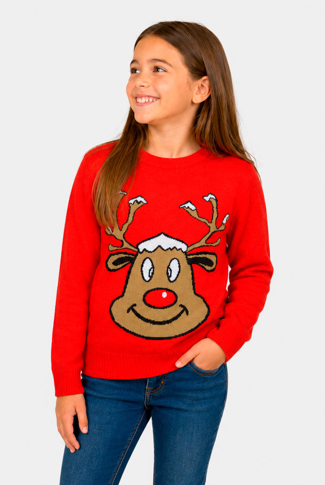 Jersey de Navidad Familia Reno Sonriente Rojo Niña