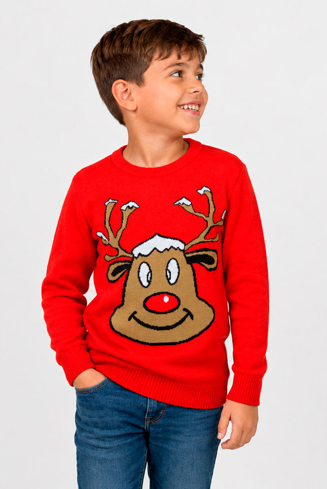 Jersey de Navidad Familia Reno Sonriente Rojo Niño