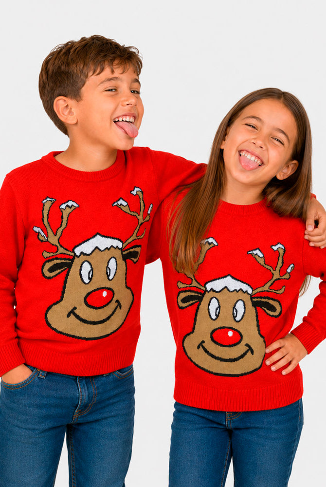 Jersey de Navidad Familia Reno Sonriente Rojo Niños