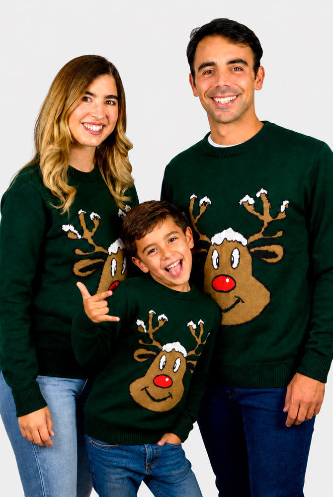 Jersey de Navidad Familia Reno Sonriente Verde