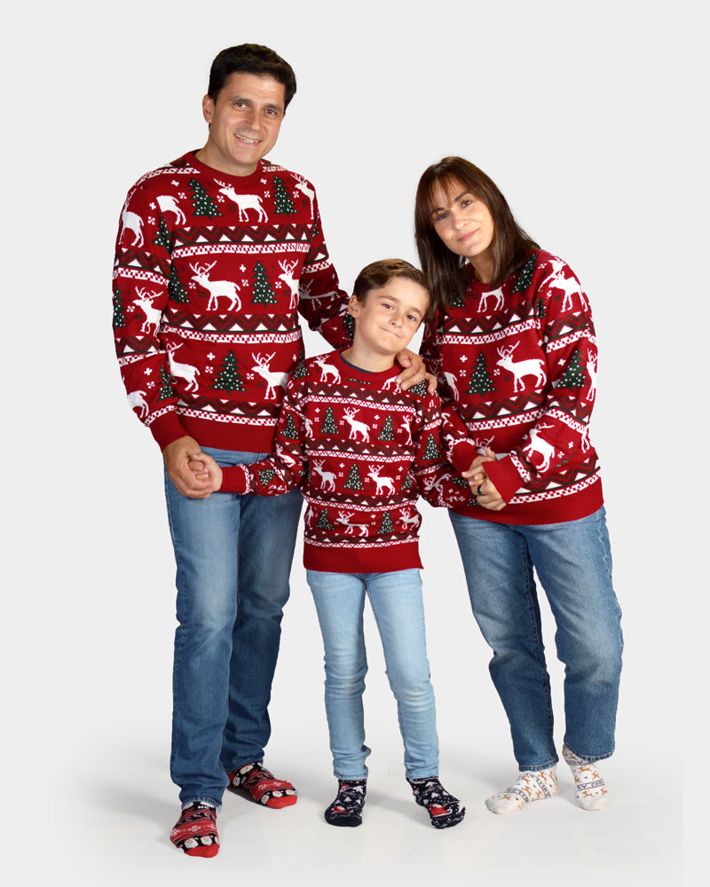 Jersey de Navidad para familia Rojo Árboles de Navidad y Renos