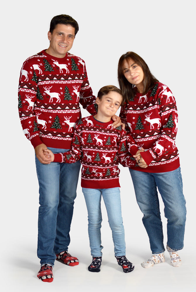 Jersey de Navidad para familia Rojo Árboles de Navidad y Renos