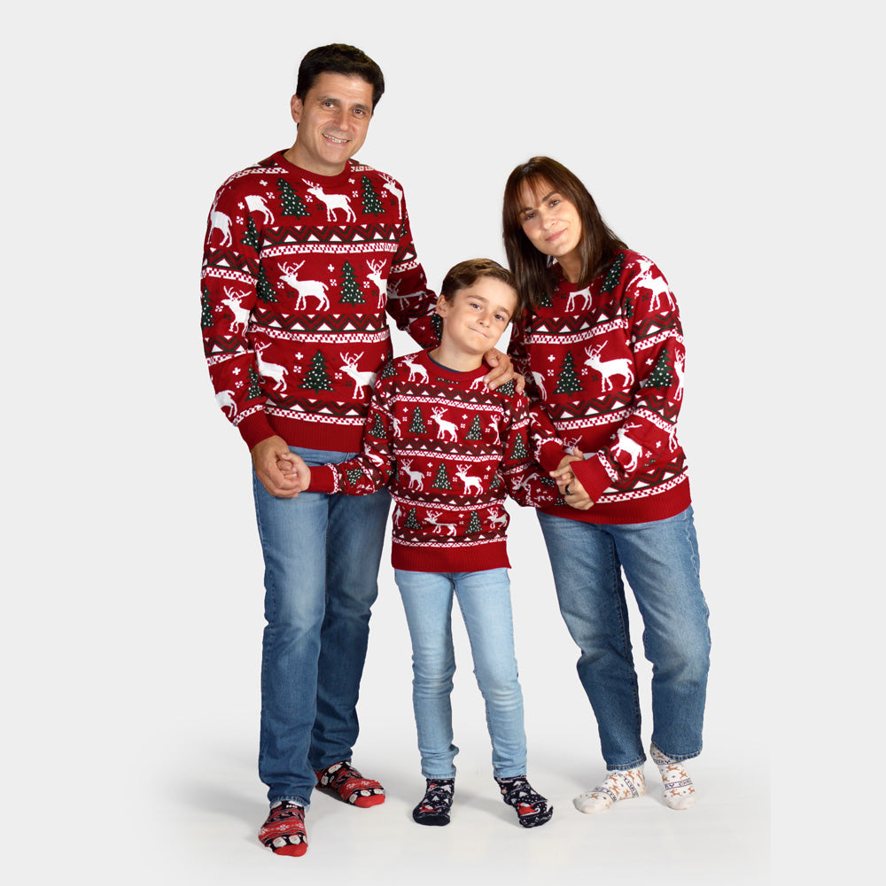 Jersey de Navidad para familia Rojo Árboles de Navidad y Renos