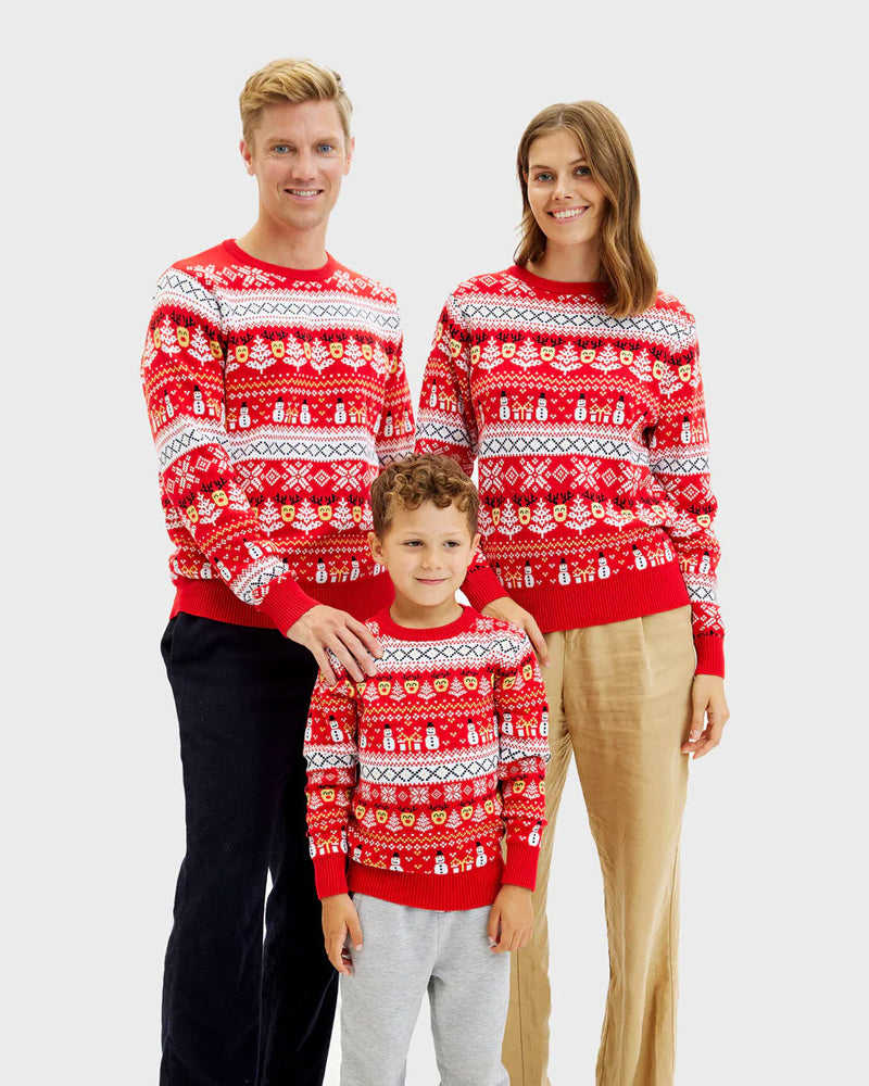 Jersey de Navidad Familia Rojo Muñecos de Nieve Cenefas Algodón Orgánico