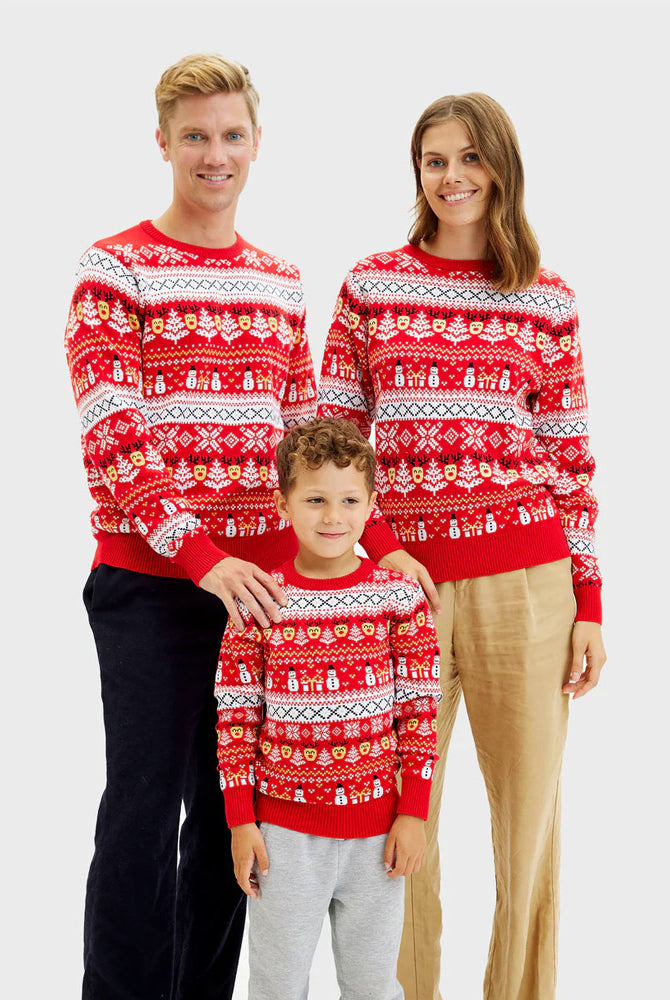 Jersey de Navidad Familia Rojo Muñecos de Nieve Cenefas Algodón Orgánico