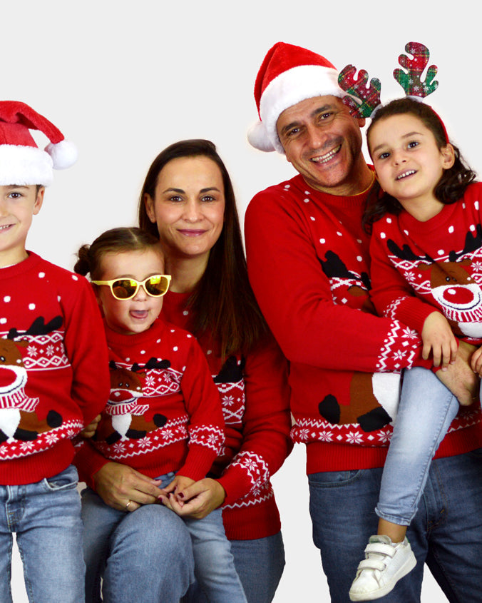Jersey de Navidad para Familia Rojo Reno Rudolph Bufanda