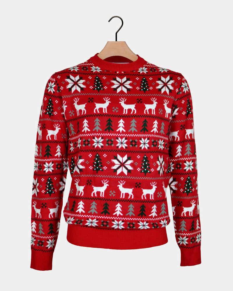 Jersey de Navidad Familia Rojo Renos, Árboles y Estrellas Polares