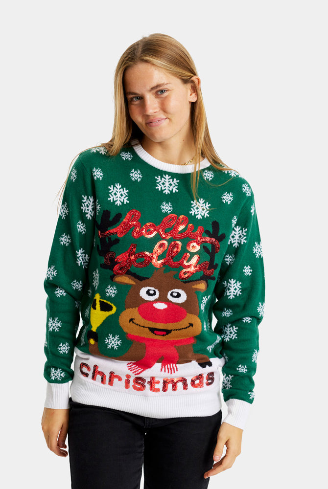 Jersey de Navidad para Familia Verde Holly Jolly Lentejuelas Mujer