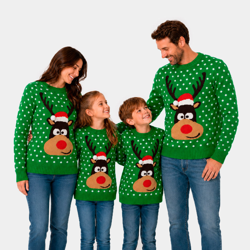 Jersey de Navidad para Familia Verde Reno con Gorro en 3D