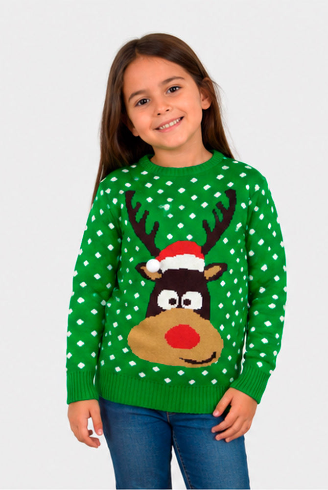 Jersey de Navidad para Familia Verde Reno con Gorro en 3D Niña