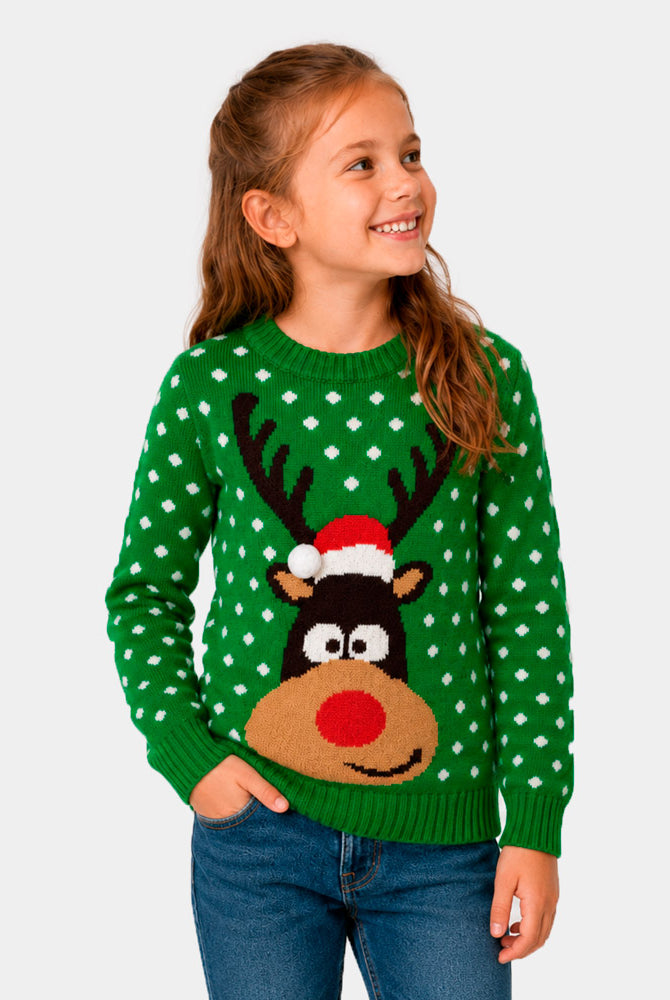 Jersey de Navidad para Familia Verde Reno con Gorro en 3D Niña
