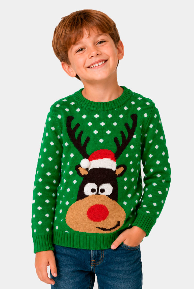 Jersey de Navidad para Familia Verde Reno con Gorro en 3D Niño