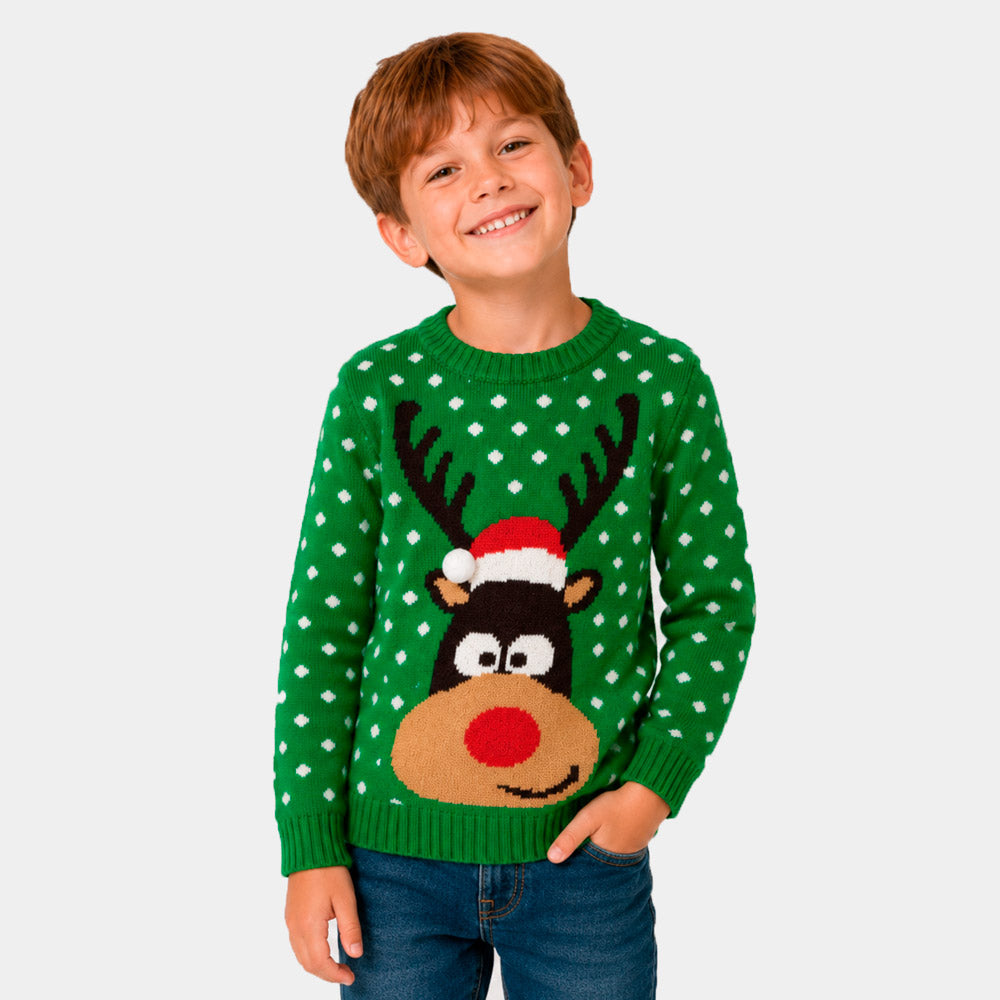 Jersey de Navidad para Familia Verde Reno con Gorro en 3D Niño