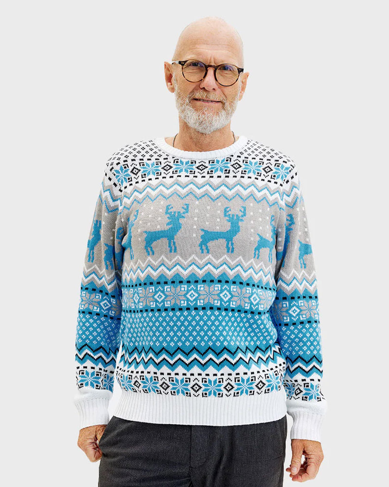 Jersey de Navidad para Hombre Blanco, Gris y Azul con Renos Elegante