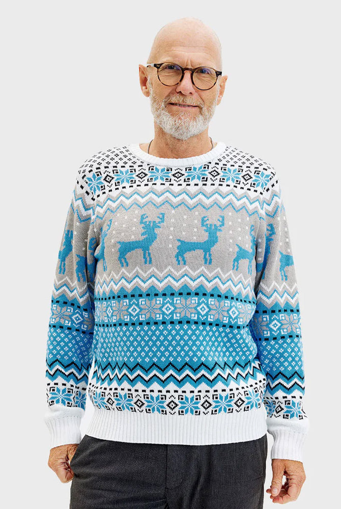 Jersey de Navidad para Hombre Blanco, Gris y Azul con Renos Elegante