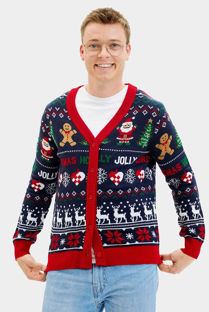 Jersey de Navidad para Hombre Cárdigan Azul y Rojo
