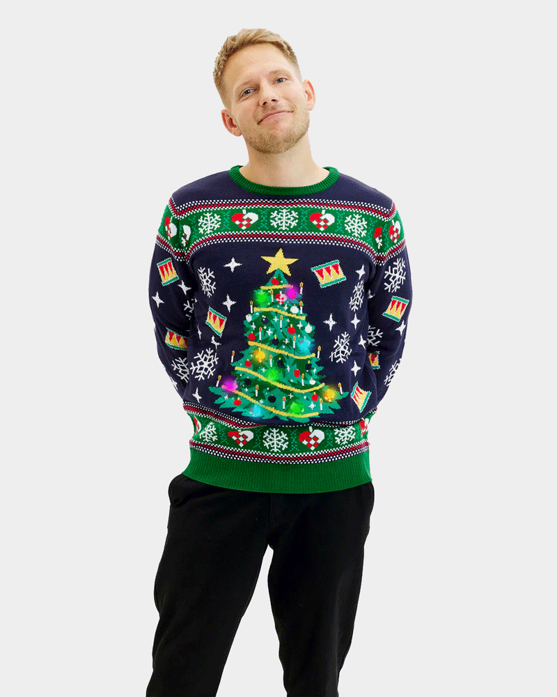 Jersey de Navidad con Luces LED para Hombre Azul Árbol Navidad