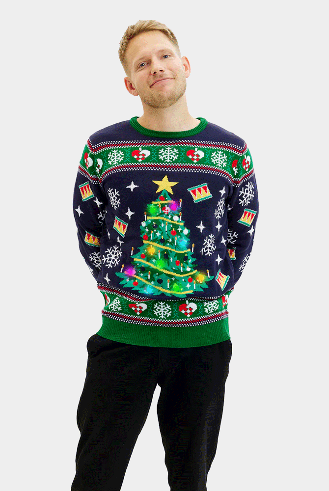 Jersey de Navidad con Luces LED para Hombre Azul Árbol Navidad