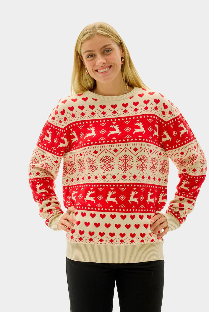 Jersey de Navidad Hombre Corazones Rojos Beige Algodón Orgánico Mujer