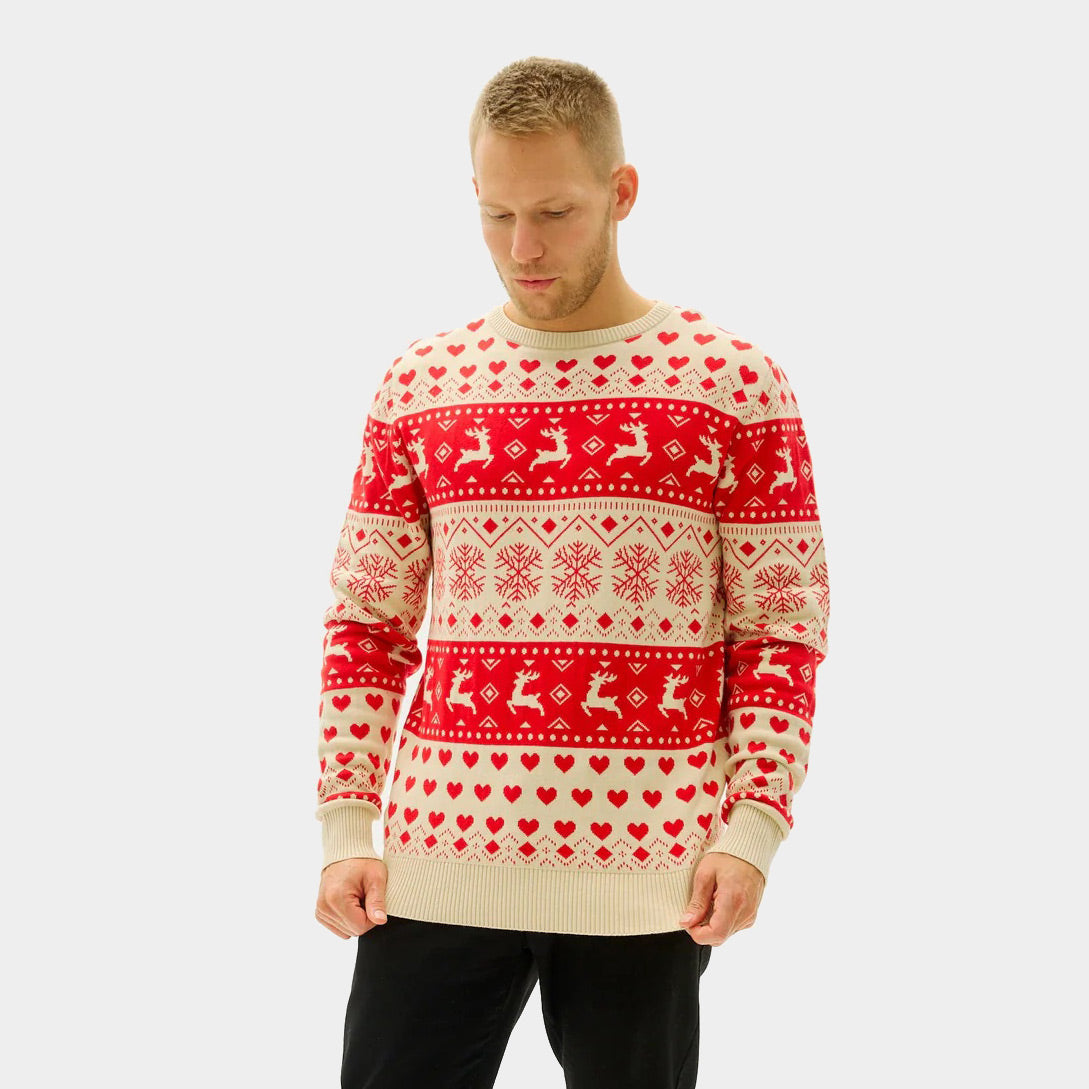 Algodón Orgánico Jersey de Navidad para Hombre Corazones Rojos y Beige