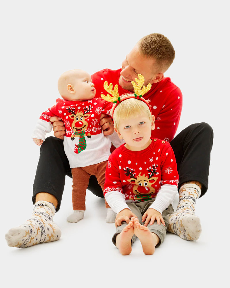 Jersey de Navidad Hombre y Niños Familia Reno con Bufanda