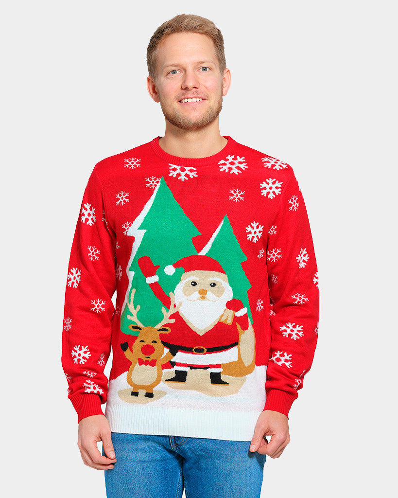 Hombre Jersey de Navidad para Familia Rojo con Santa Claus y Reno Saludando