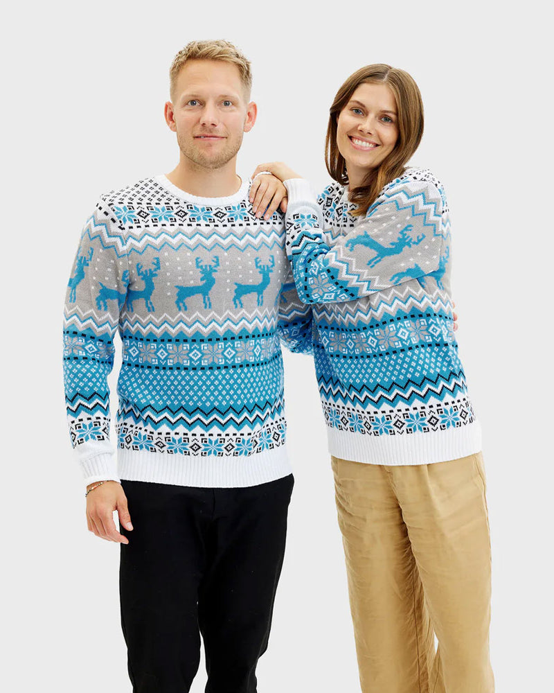 Jersey de Navidad para Hombre y Mujer Blanco, Gris y Azul con Renos Elegante