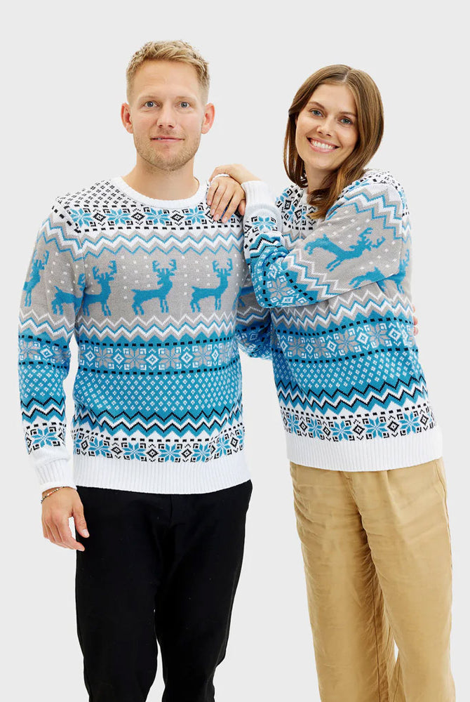 Jersey de Navidad para Hombre y Mujer Blanco, Gris y Azul con Renos Elegante
