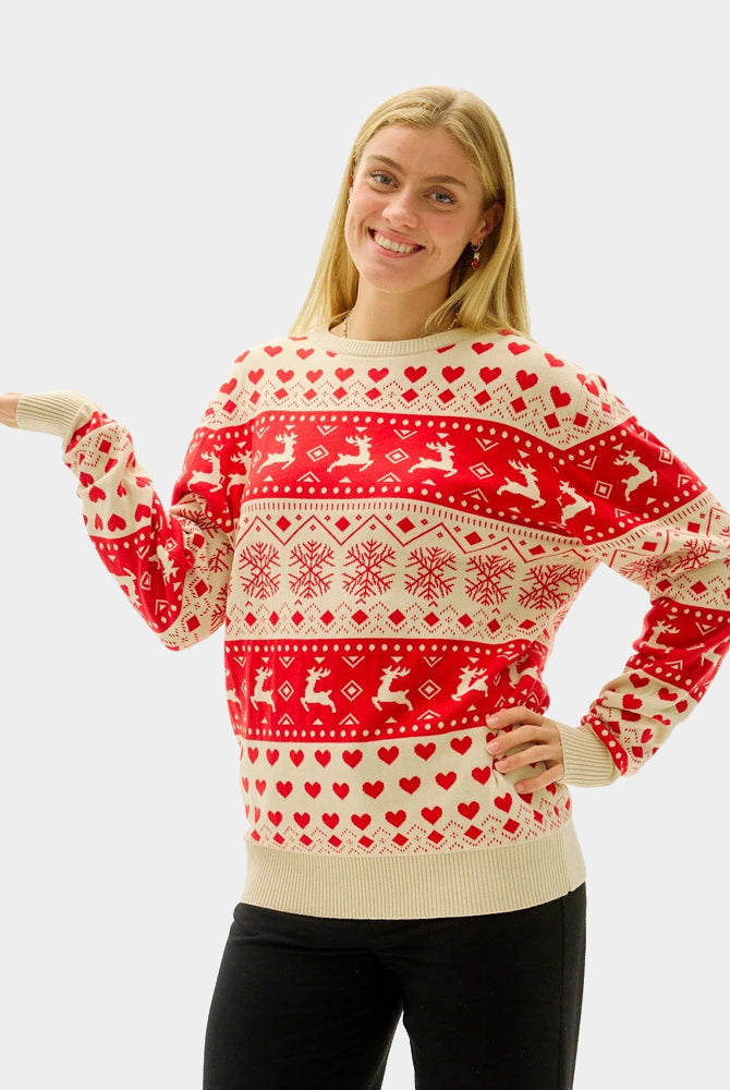 Jersey de Navidad Hombre y Mujer Corazones Rojos Beige Algodón Orgánico