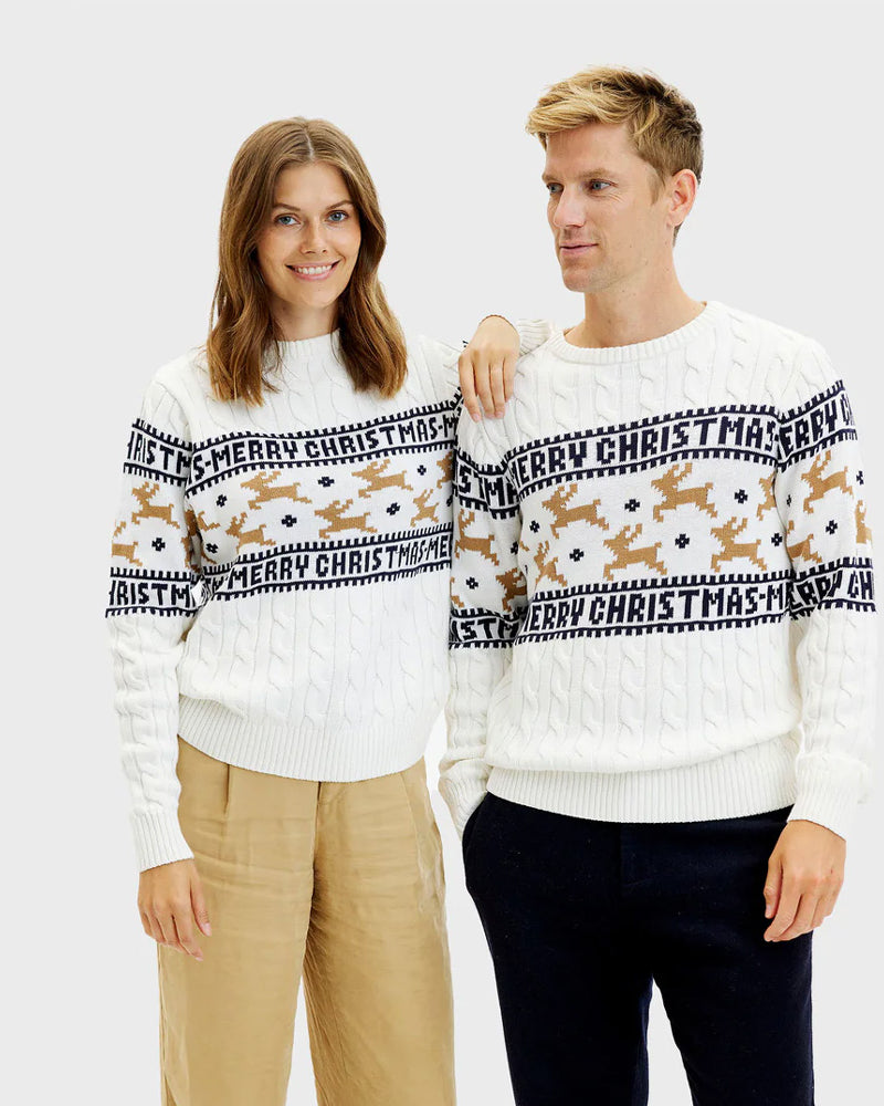 Jersey de Navidad para Hombre y Mujer  Elegante Blanco Renos Algodón Orgánico