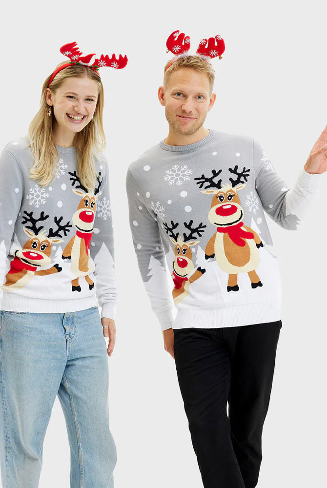 Jersey de Navidad Hombre y Mujer Gris con Renas Cute