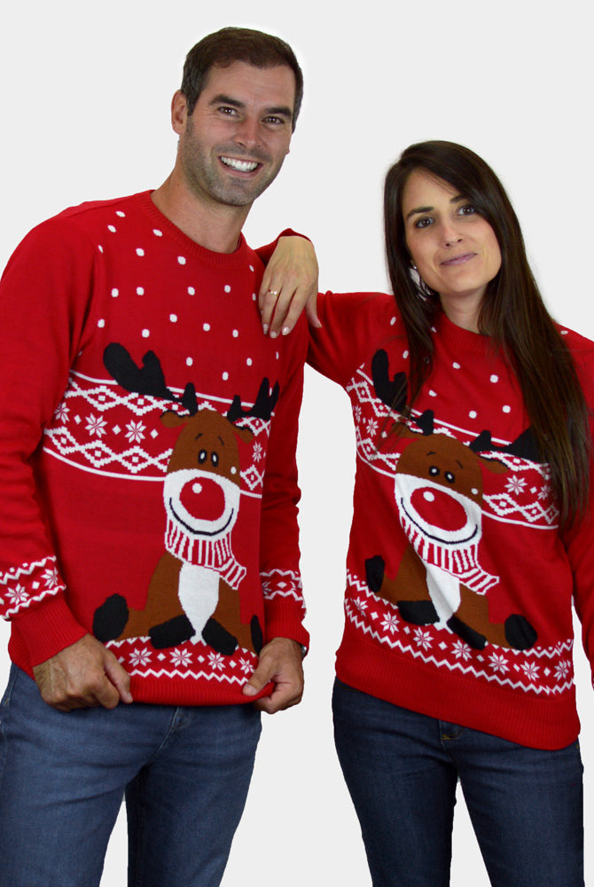 Jersey de Navidad para Hombre y Mujer Rojo Reno Rudolph Bufanda