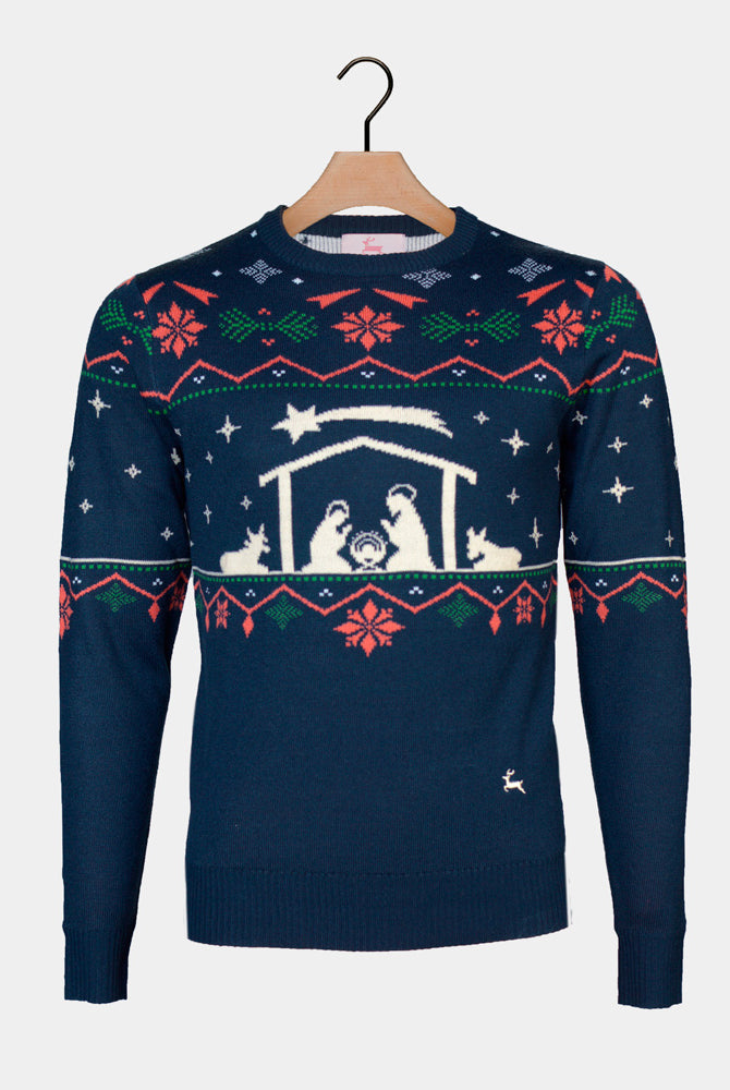 Jersey de Navidad para Hombre Portal de Belén Azul