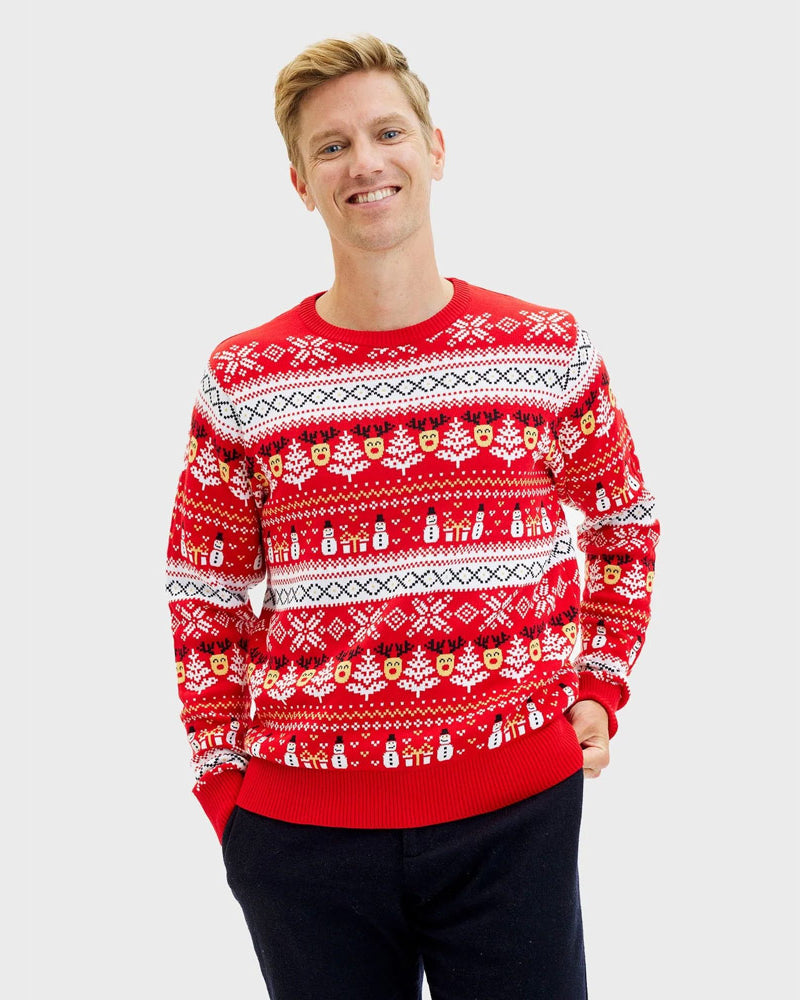 Jersey de Navidad Hombre Rojo Muñecos Nieve Cenefas Algodón Orgánico